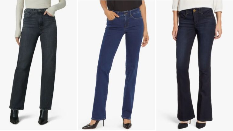 Tres estilos de jeans en diferentes tonos de azul, ideales para un look profesional cómodo y elegante.