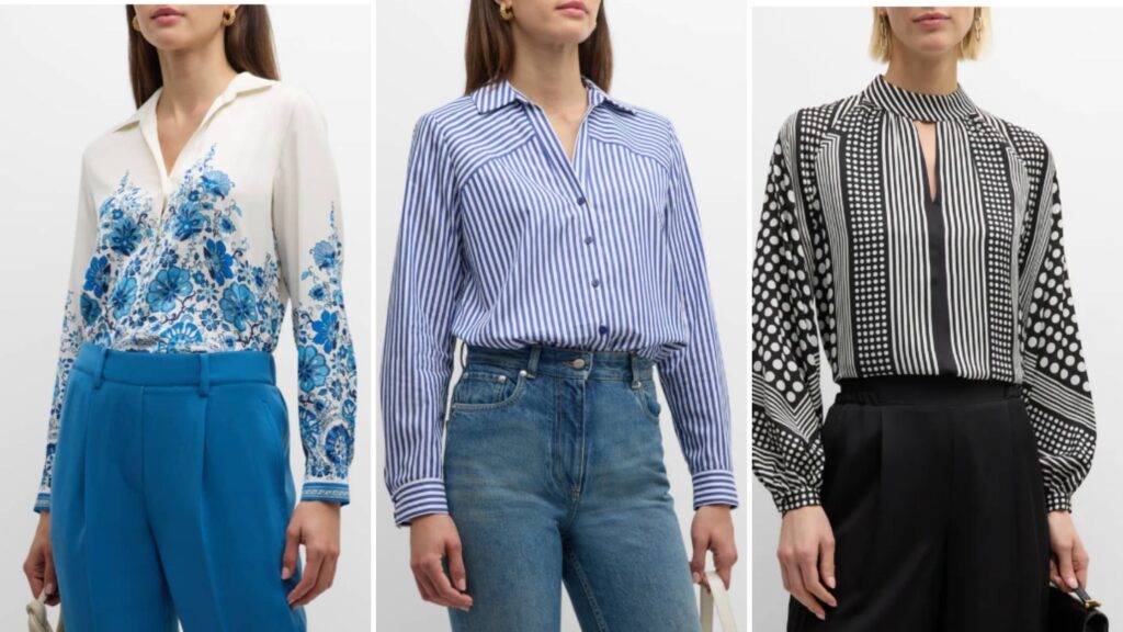 Blusas estampadas en tonos azules y negros, combinadas con pantalones y jeans, perfectas para un estilo de oficina cómodo y moderno.