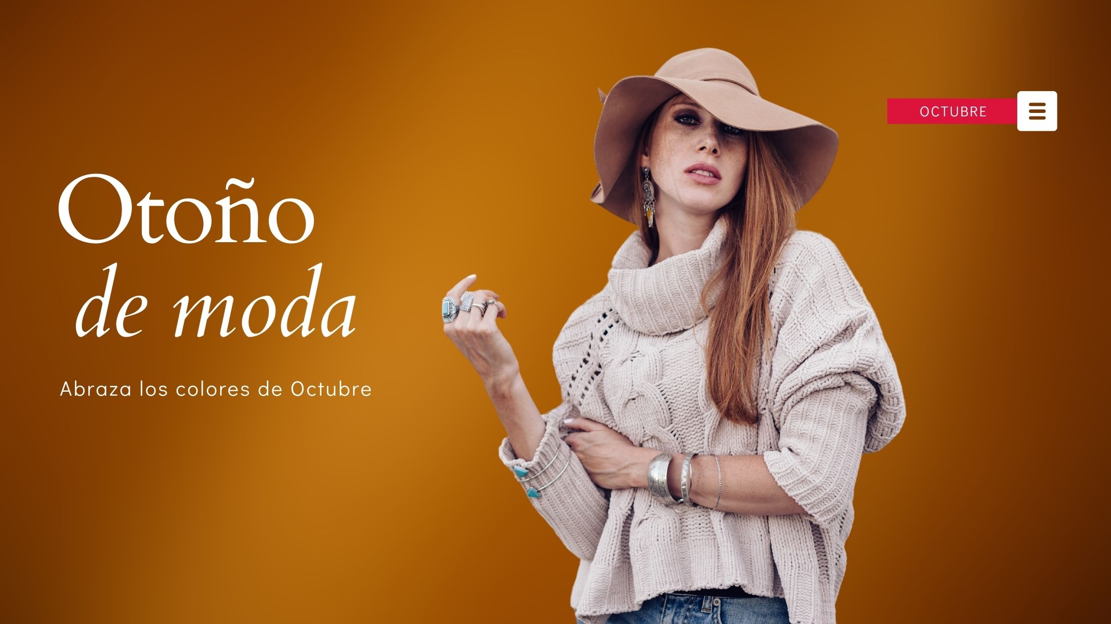 Imagen de una mujer con un suéter de punto y sombrero de ala ancha, representando las tendencias de moda de otoño con un fondo en tonos tierra que reflejan la calidez de la temporada.