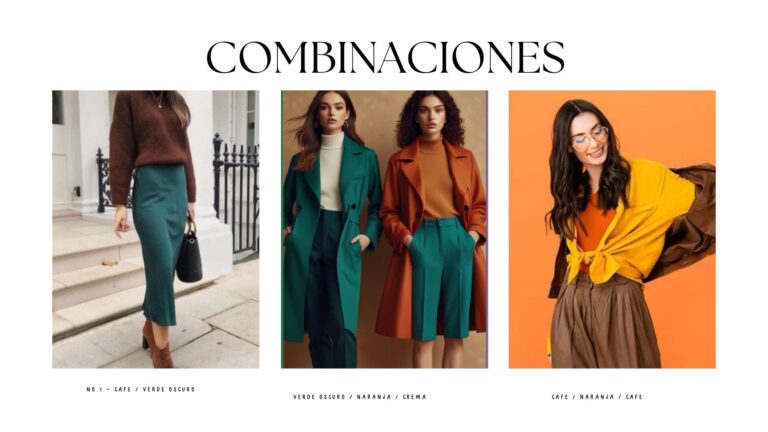 Combinaciones de Moda para Otoño: Tres estilos diferentes que combinan colores de otoño como café, verde oscuro, naranja y crema, ofreciendo inspiración sobre cómo mezclar y combinar estos tonos en tus atuendos diarios.