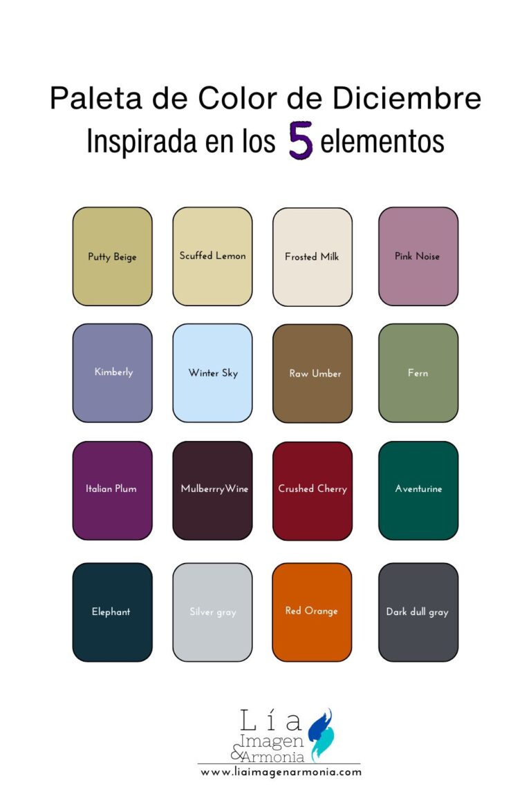 Paleta tendencia en colores en diciembre inspirada en los cinco elementos, que incluye tonos cálidos como 'Crushed Cherry' y 'Red Orange', y fríos como 'Winter Sky' y 'Silver Gray', perfecta para moda y decoración.