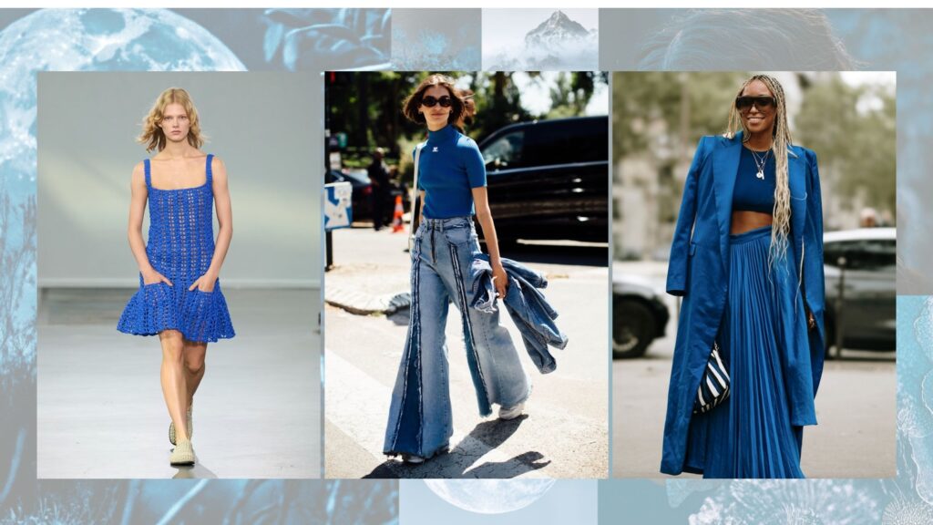 Tres mujeres luciendo prendas en tonos azules, incluyendo un vestido azul crochet, jeans acampanados y un conjunto de chaqueta y falda plisada. Inspiración en el azul profundo para manifestar calma y claridad.