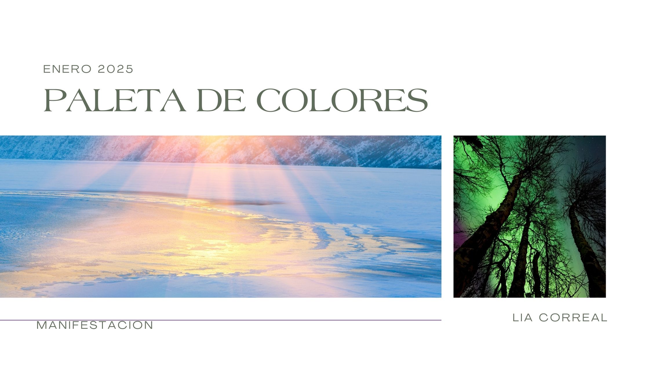 Paisaje invernal con rayos de sol dorados y auroras boreales verdes. Inspiración de la naturaleza en la paleta de colores para enero 2025.