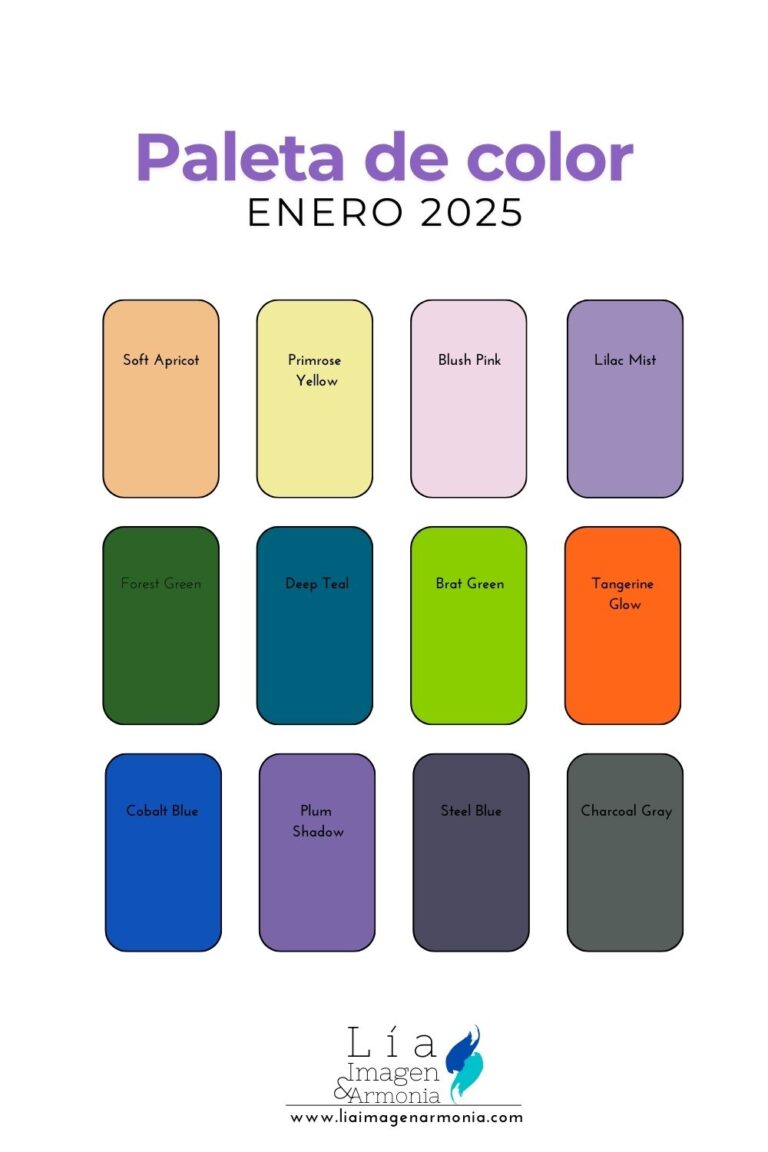 Paleta de colores para enero 2025 con tonos como Soft Apricot, Deep Teal y Tangerine Glow. Ideal para manifestar sueños y metas a través del uso del color.