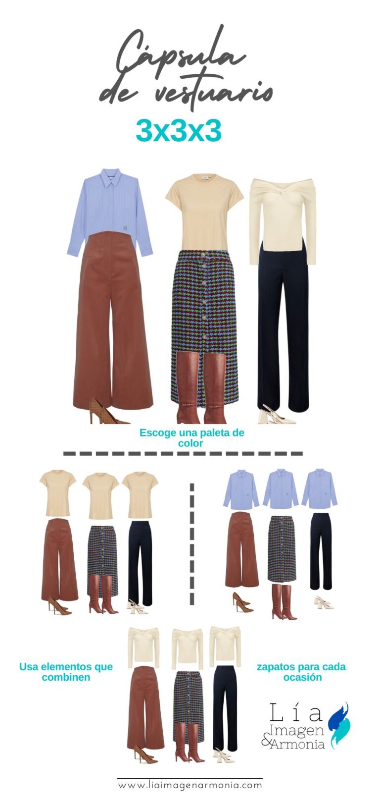 Infografía de cápsula de vestuario con la regla 3-3-3, mostrando combinaciones posibles entre tops, partes de abajo y zapatos con paleta de color armónica.