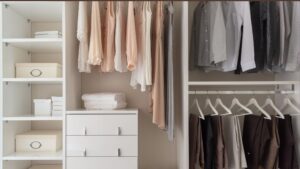 Clóset minimalista con ropa neutra organizada por color, ideal para representar un armario cápsula con la regla 3-3-3.